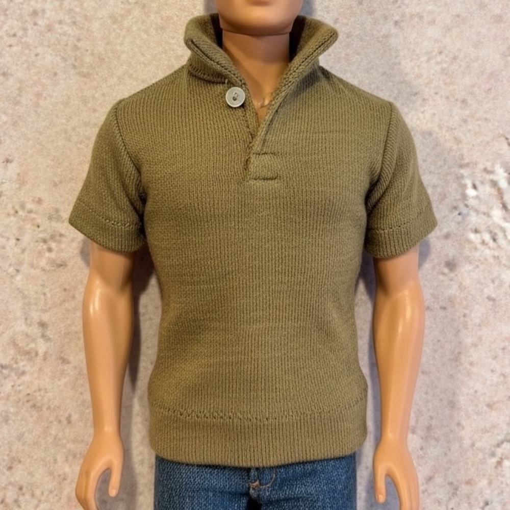 Vintage Ken by Mattel Olive Green Knit Short Sleeve Mock Neck Doll‎ Shirt 1960
